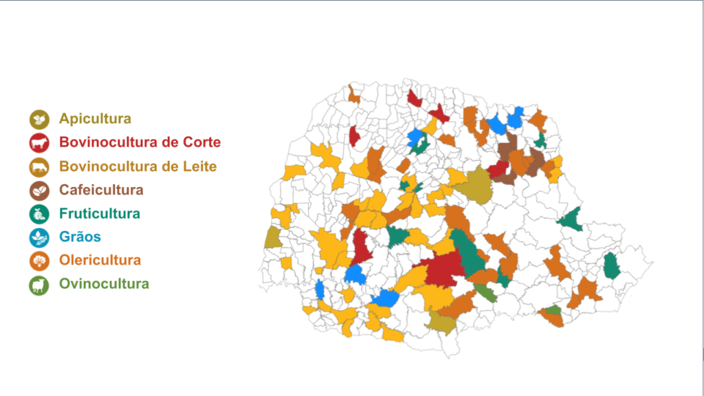 Mapa das regiões do Paraná atendidas pelo ATeG com cadeias produtivas assistidas