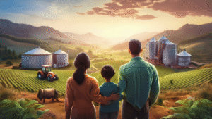 Família de produtores rurais observa fazenda próspera ao pôr do sol, representando os valores do Workshop AgroPro.
